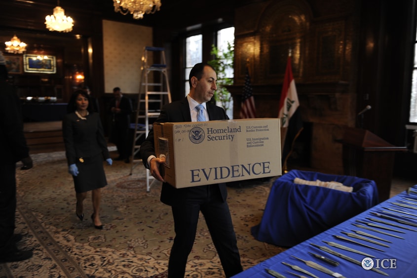 Official prepare antiquities and Saddam Hussein-era objects seized by ICE for their repatriation to Iraq.